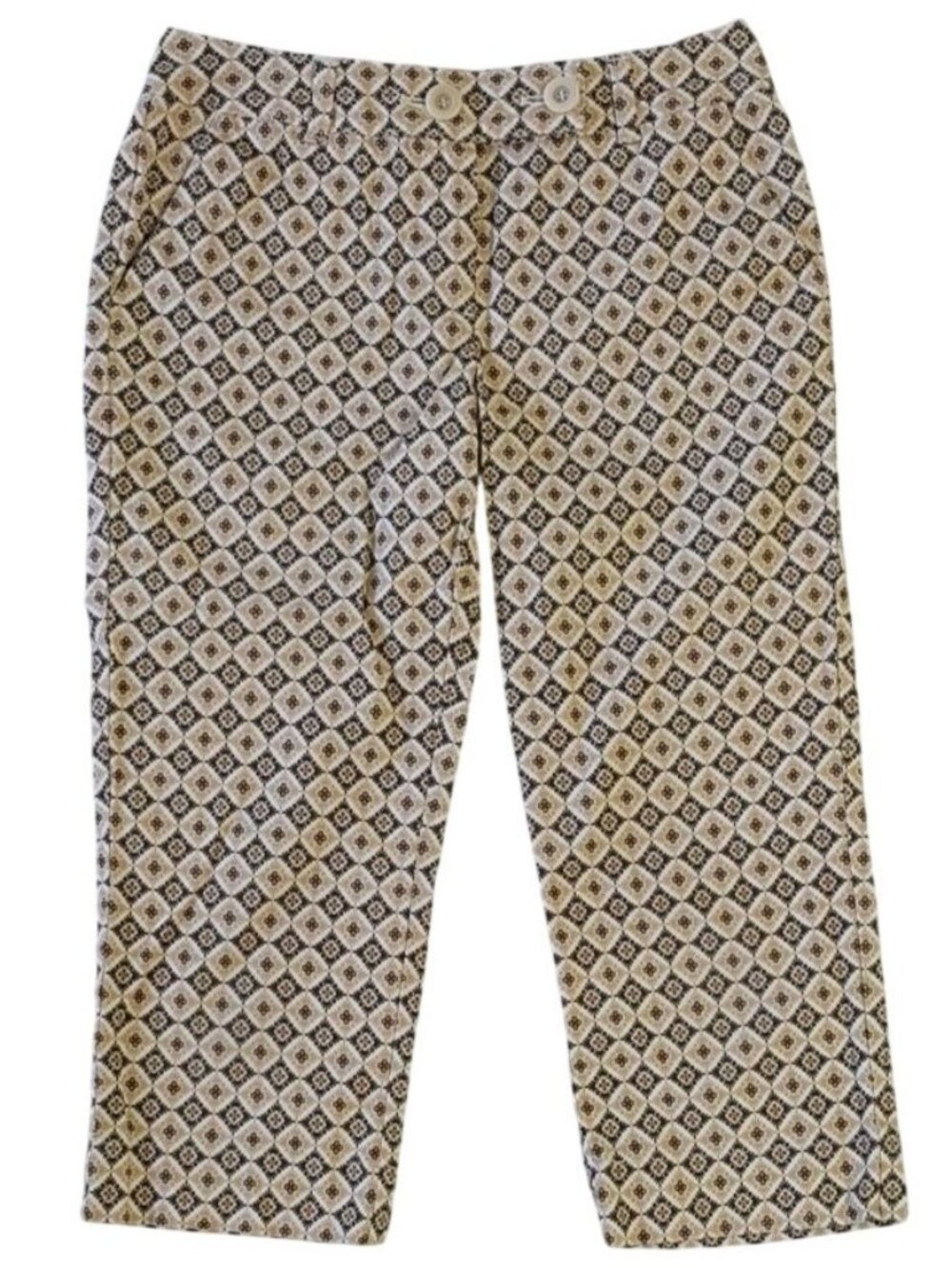 Talbots Petites Womens Capri Pants Brown Size 6P Stretch Career Geo Button Zip